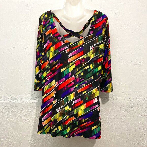 Fashque Studio Top Tunic Stretch Pullover Abstract Black Vibrant Cross back XL - Picture 2 of 10